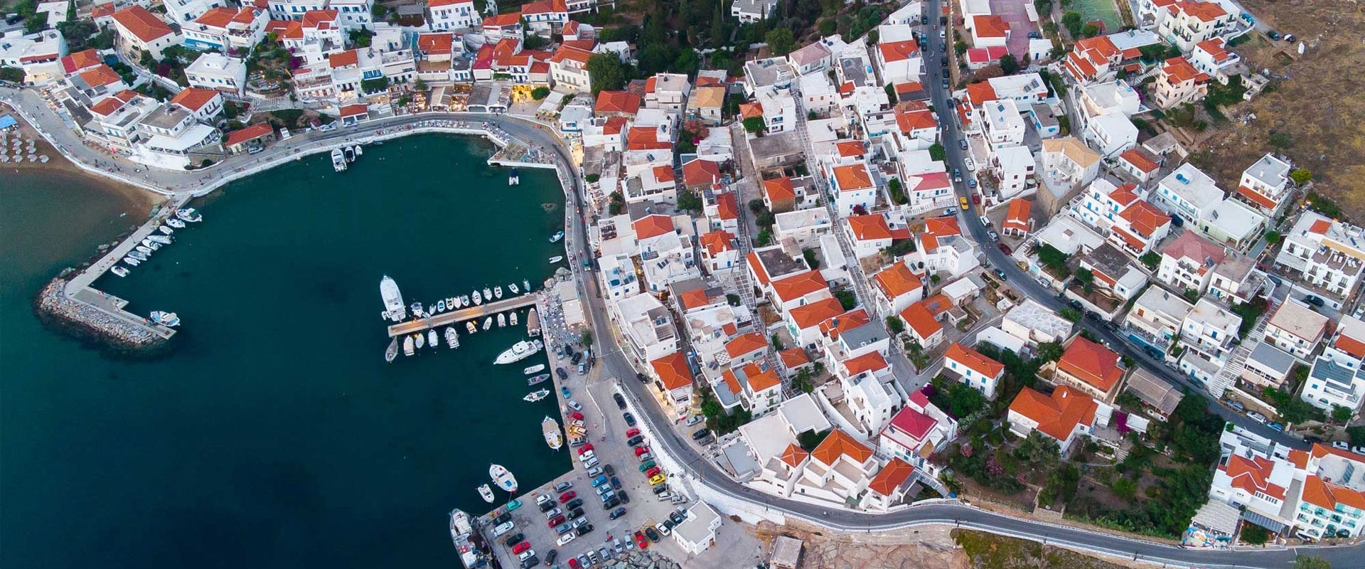 Aerial view of Batsi bay, Andros