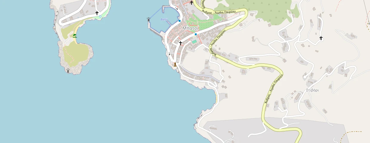 Map of Batsi on Andros, with a pin on Anemos Sea View